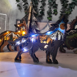 3D Wooden Fox Decoration with light,Wooden Wolf Horse Decor Craft,Wooden Christmas ornament,Wall Decoration,Desktop ornaments,Free Engraving image 5