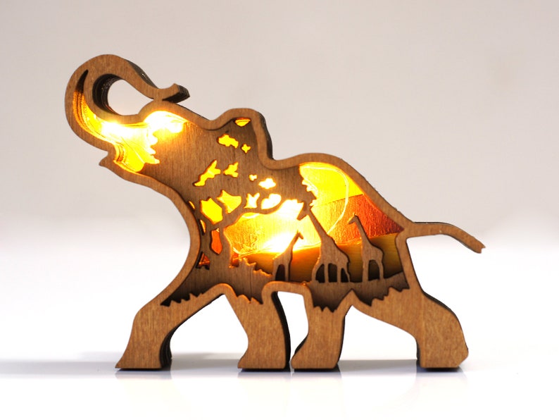 3D Wooden Elephant Decoration with light,Wooden Animal Craft,Wooden Elephant Christmas ornament Carvings,Desktop ornament,Free Engraved Gift image 8