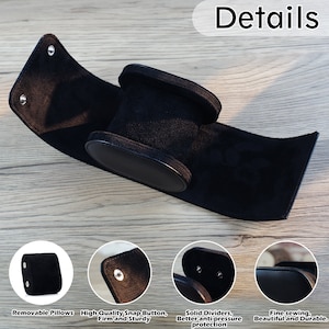 May include: A black velvet watch pillow with a cylindrical center and two flat, circular ends. The pillow features a wrap-around strap secured by two silver-toned metal snap buttons. Four circular insets show the pillow closed, the snap button detail, the solid internal dividers, and the stitched edges.