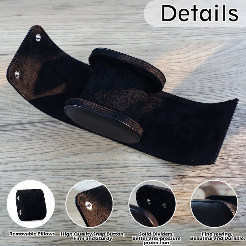 May include: A black velvet watch pillow with a cylindrical center and two flat, circular ends. The pillow features a wrap-around strap secured by two silver-toned metal snap buttons. Four circular insets show the pillow closed, the snap button detail, the solid internal dividers, and the stitched edges.