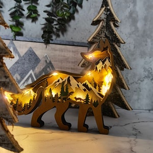 Décoration 3D de renard en bois avec lumière, artisanat en bois de décoration de cheval-loup, ornement de Noël en bois, décoration murale, ornements de bureau, gravure gratuite