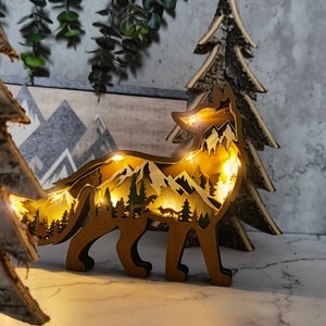 3D Houten Vos Decoratie met licht, Houten Wolf Paard Decor Craft, Houten kerstornament, Wanddecoratie, Bureaubladornamenten, Gratis gravure