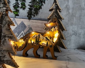 3D Houten Vos Decoratie met licht, Houten Wolf Paard Decor Craft, Houten kerstornament, Wanddecoratie, Bureaubladornamenten, Gratis gravure