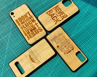 Coque de téléphone en bois de bambou JESUS SLOGAN pour iPhone 11/12/13/14 Pro Max, iPhone X/XR/8 Plus, Samsung S8/S9/S10/S20/S21/S22/S23 Plus, Note 10/20