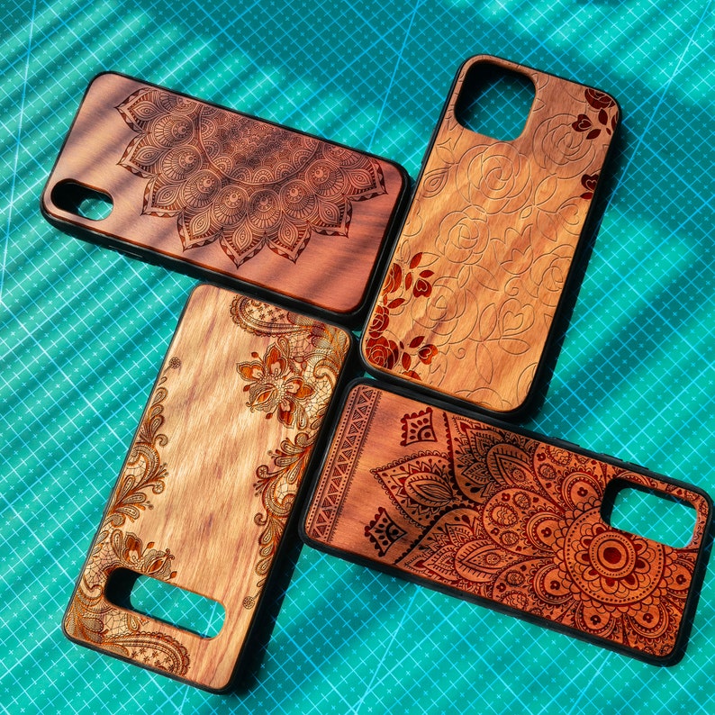 Engravable Mandala Rose Wood Phone Case For iPhone 11/12/13/14/15 Pro Max,iPhone XR/8,Samsung S8/S9/S10/S20/S21/S22/S23/S24 Plus,Note 10/20 image 3