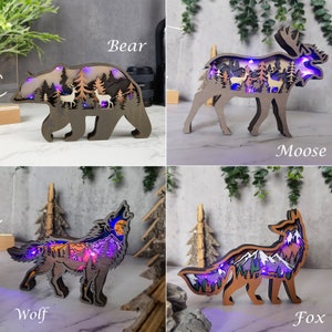 3D Wooden Animals Decoration with Purple Light Installed,Wooden Bear Moose Fox Shark Dinosaur Rooster Carving,Desktop ornament,Free Engraved