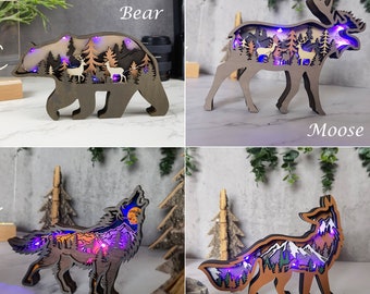 3D Wooden Animals Decoration with Purple Light Installed,Wooden Bear Moose Fox Shark Dinosaur Rooster Carving,Desktop ornament,Free Engraved