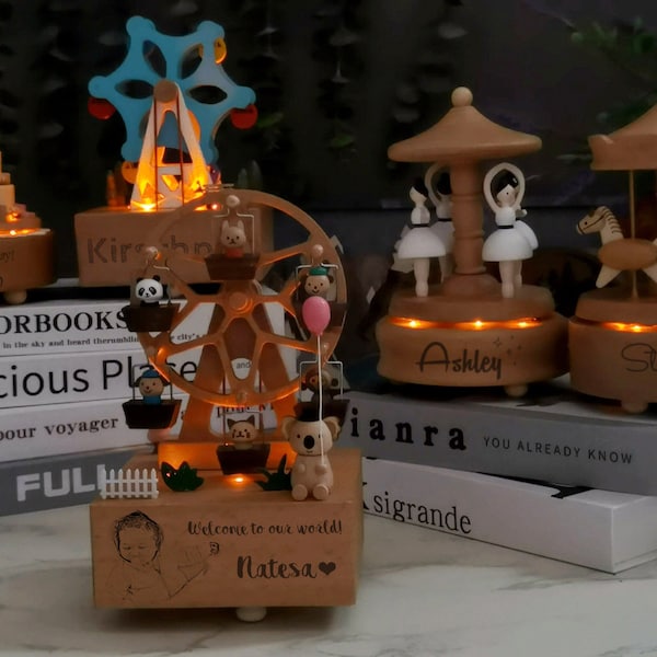 Personalized Engraved Keepsake Carousel Music Box with Light,Wooden Animal Ferris Wheel Ballerina Music Box,Baby/Kids Memorial Birthday Gift