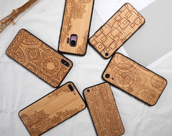 Natuurlijke bamboe gesneden mandala lotus houten telefoonhoesje voor iPhone 16/15/14/13/12/11 Pro, Samsung 25/24/23/22/21/20/10/S9/S8 Plus, Note 10/20+