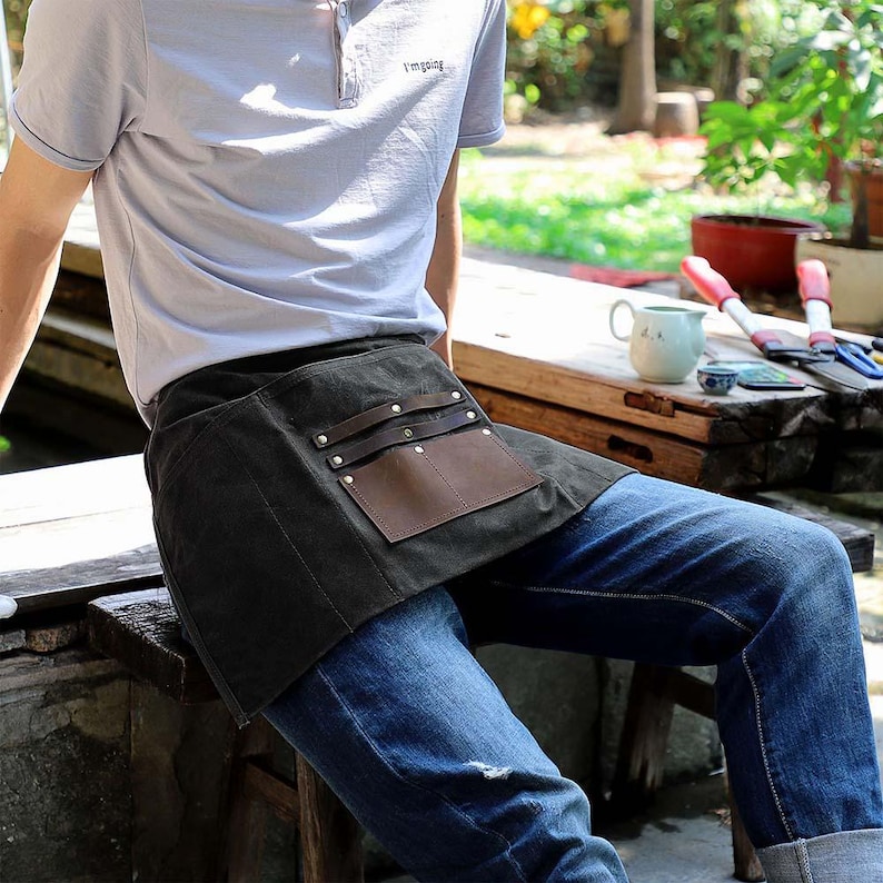 Half Waist Waterproof Leather Waxed Canvas Adjustable Work Apron for ...