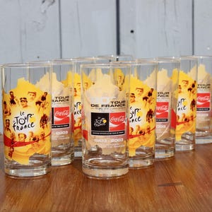 Set of 10 rare TOUR de FRANCE centenary Coca Cola tumbler glasses / 1903-2003 collectable Tour De France memorabilia glassware
