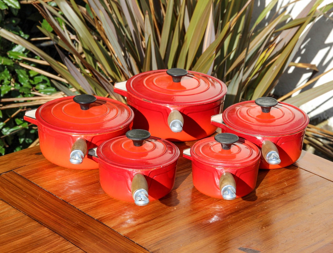 Set of 5 Vintage COUSANCES Red Cast Iron Lidded Saucepans Made Etsy
