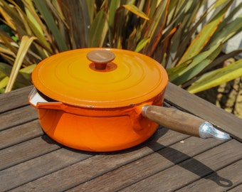 Vintage COUSANCES orange cast iron size 20 saucepan made by LE CREUSET / French Cousances cooking pot with wooden handles