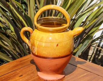 Vintage French mustard yellow glazed stoneware terracotta gargoulette / mid-century handthrown cruche farmhouse water jug