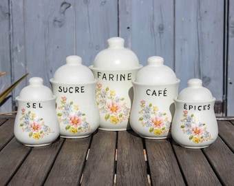 Set of 5 vintage French ceramic kitchen storage jars / French country kitchen farmhouse decor