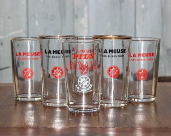 Set of 6 vintage French LA MEUSE 25cl beer glasses / 1950s-1960s French bar cafe bistro glassware