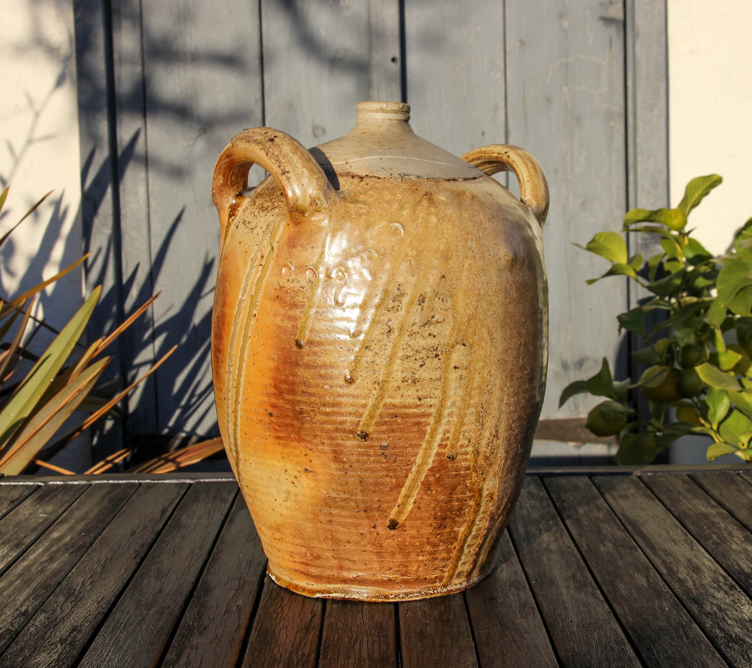 Grande Cruche à Huile en Grès Ancien Français/Pichet Vin Lancé La Main, Pot d'eau Poterie de Ferme R