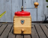 Peugeot Frères vintage French 1950s coffee grinder mill with red metal lid vintage French kitchen decor