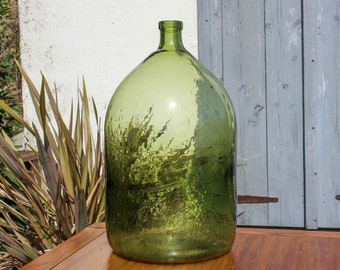 Vintage French 30 litre XXL Demijohn green glass bottle / early 1900s extra large French cylindrical carboy Dame Jeanne
