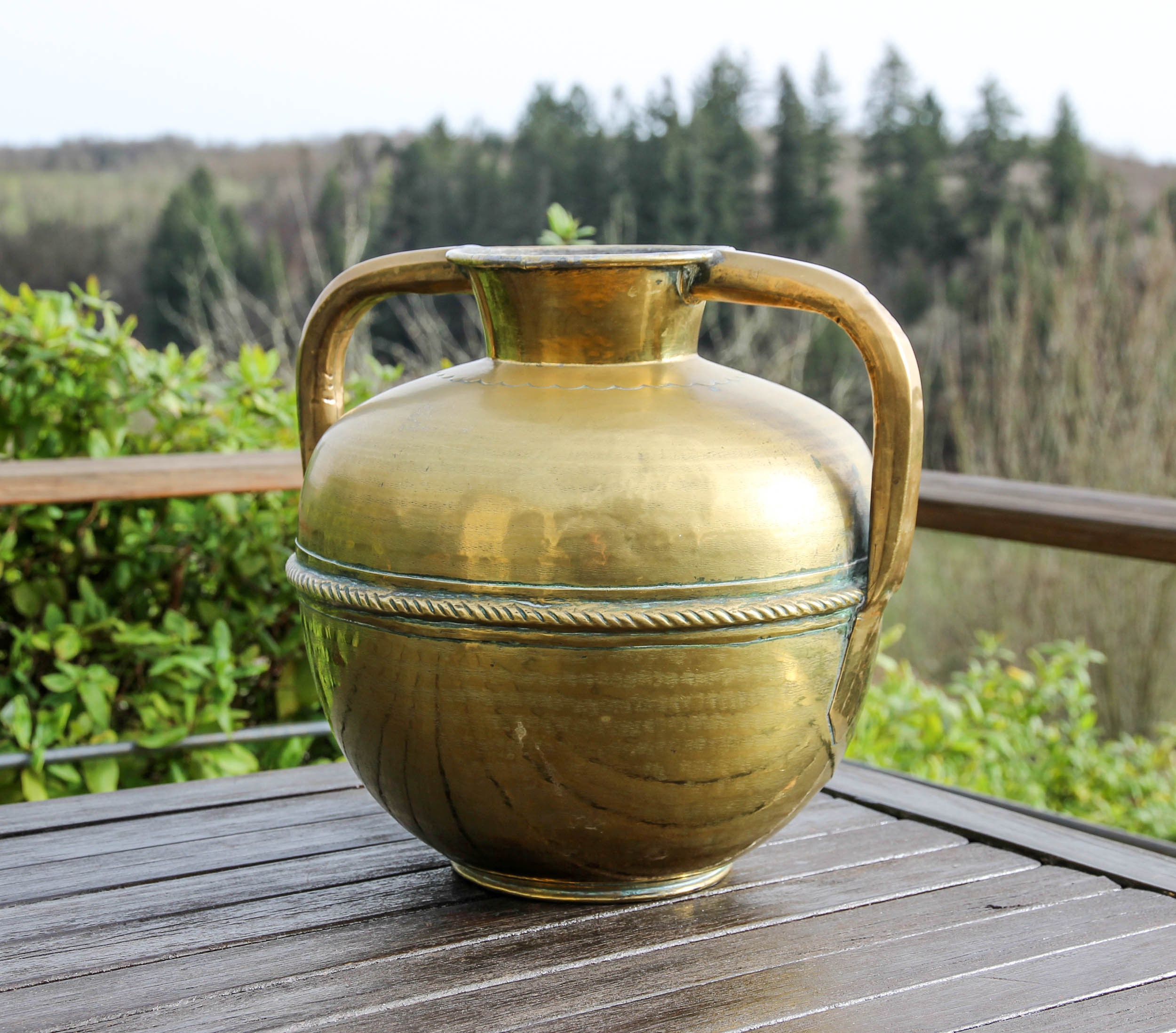 Vintage Français Grand Vase de Cruche en Laiton à Double Manche/Lourd Décor Maison Des Années 1950 R