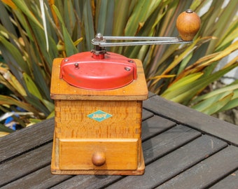 moulin à café vintage français JAPY des années 1950 avec couvercle en métal rouge / décoration de cuisine de ferme française vintage