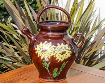 Vintage French stoneware terracotta glazed and hand painted decorative gargoulette / handthrown cruche farmhouse water jug