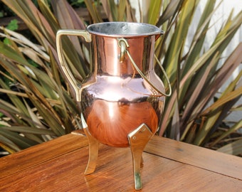 Vintage French copper and brass tripod pitcher jug / mid-century handmade stamped copper vase