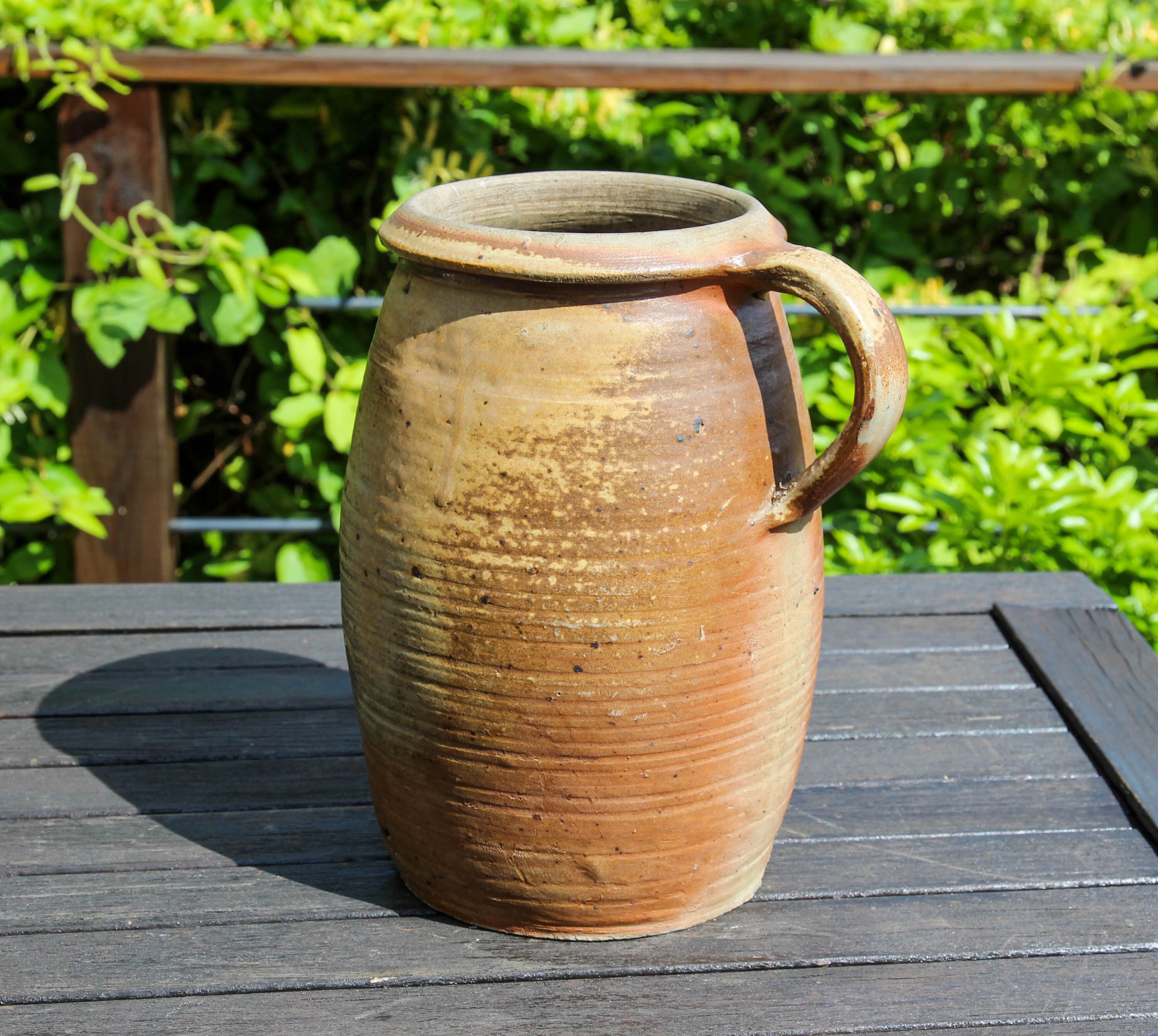 Vintage Français Grand Pot Confit en Grès avec Poignée/Mijoteuse Rustique Vintage Jardinière Poterie