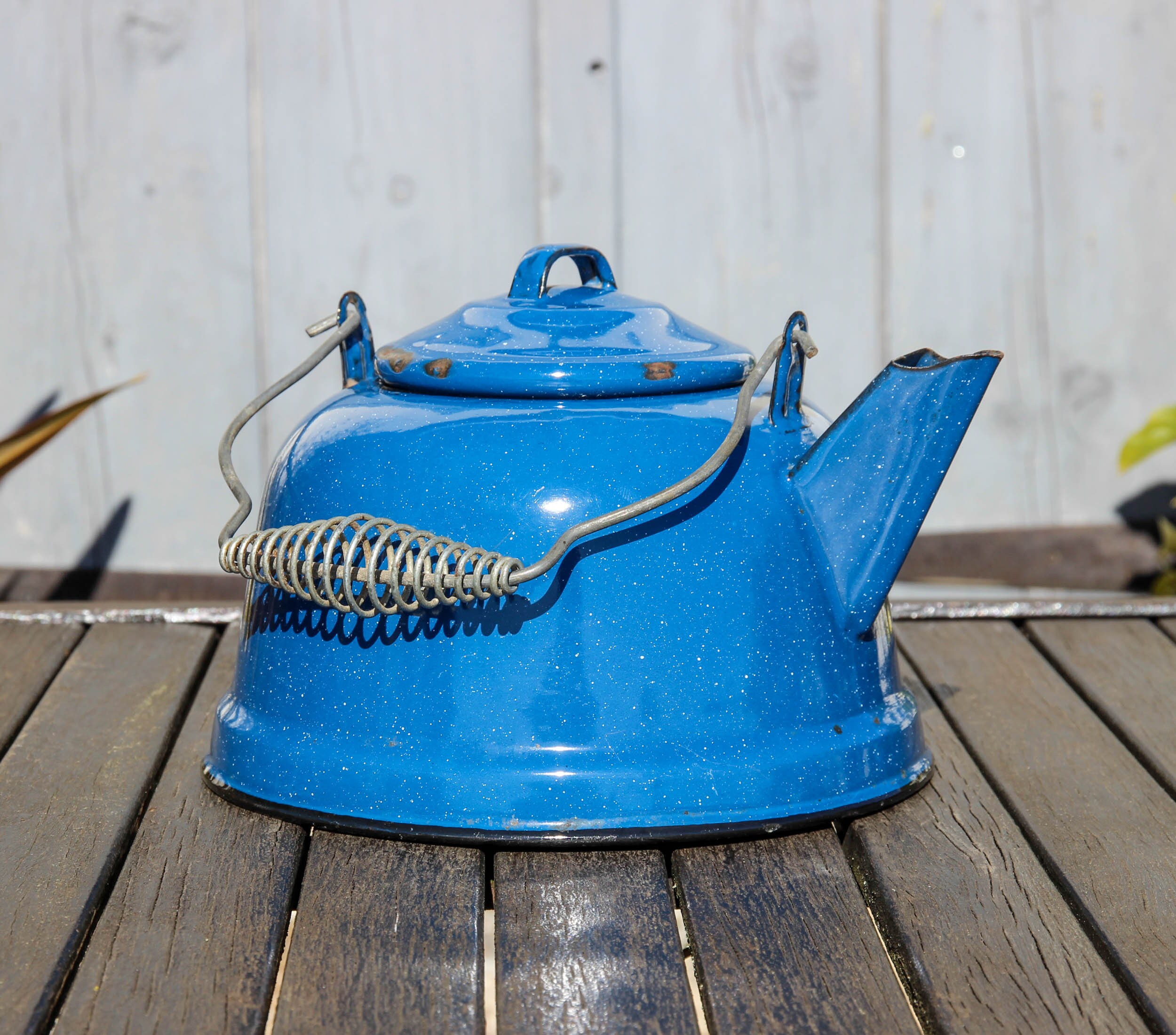 Bouilloire en Émail Bleu Vintage Français/Ustensiles de Cuisine Du Milieu Siècle Cafetière à Thé Des