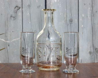 Pair of vintage French SUZE 150ml aperitif glasses and rare carafe / vintage French bar cafe bistro glassware