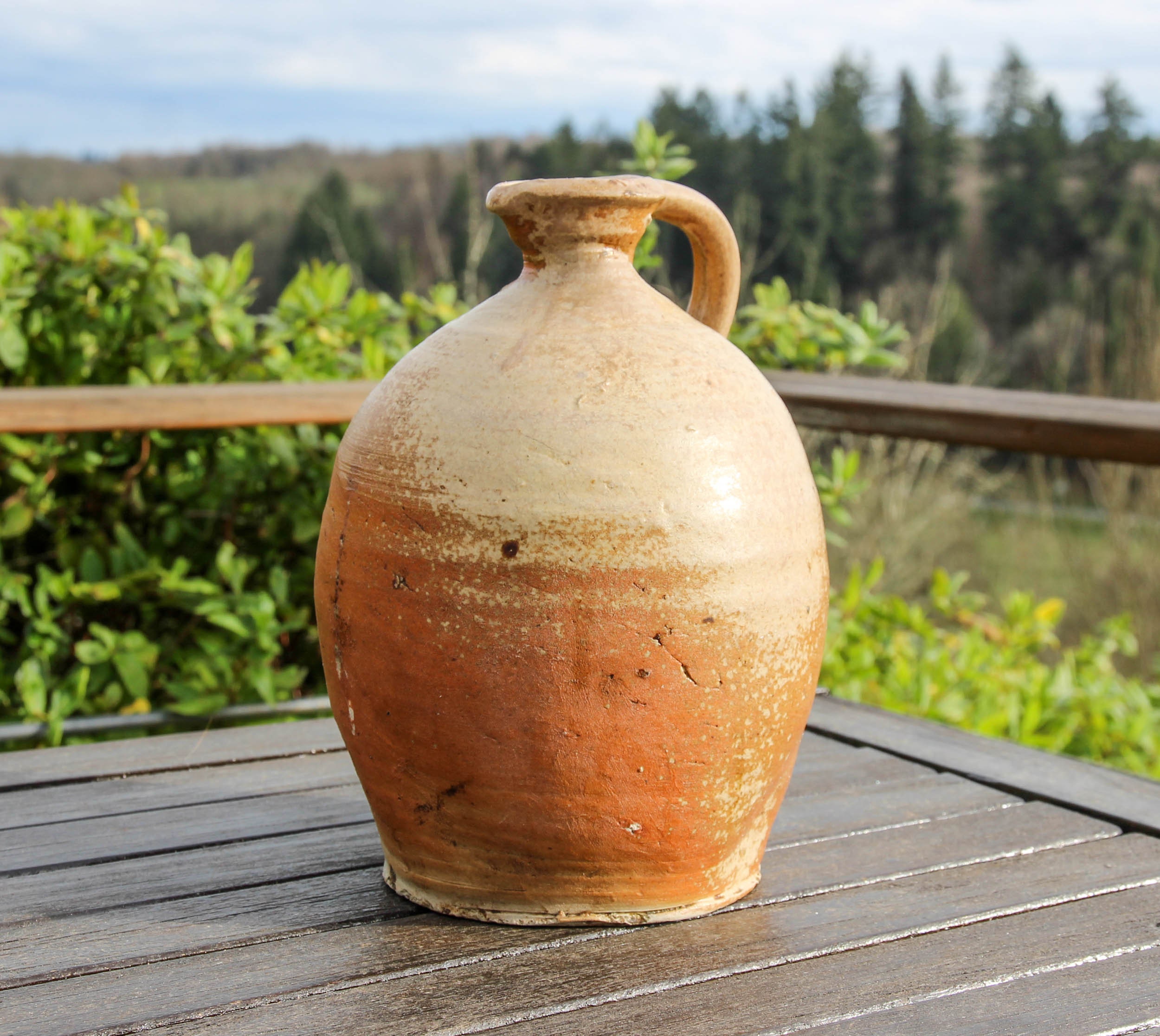 Pichet d'eau en Grès Émaillé Antique Français/Huile de Lancer à La Main, Bouteille Vin Poterie Ferme