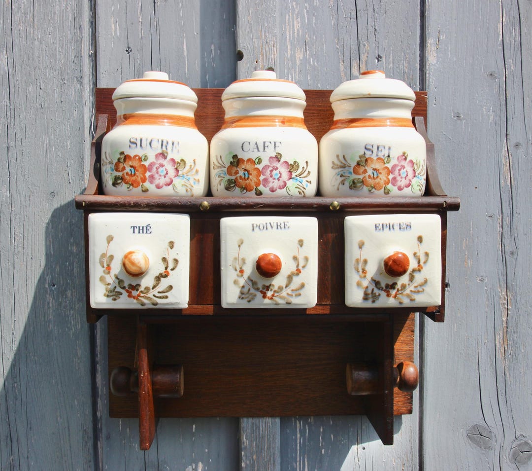 French Storage Rack Kitchen Vintage French Wall Mounted Wood and Ceramic Kitchen Storage Rack / Mid ...