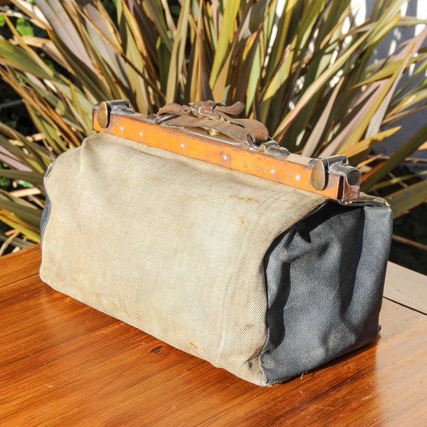 Antique French thick canvas and leather Gladstone bag / early 1900s small French doctors luggage travel case