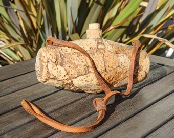 Vintage French sourced cork water bottle with leather strap / rare French water canteen flask