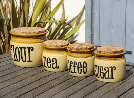 Set of Vintage TG Green Beige and Brown Granville Kitchen Storage Jars /  Flour, Tea, Coffee Sugar Canisters With Cork Lids 