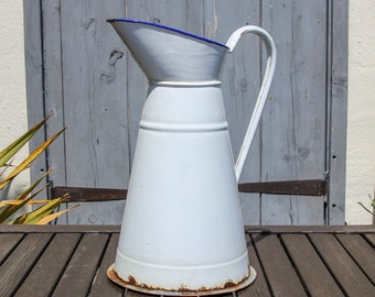 Vintage French large white enamel pitcher jug / 1950s rustic farmhouse decor vase