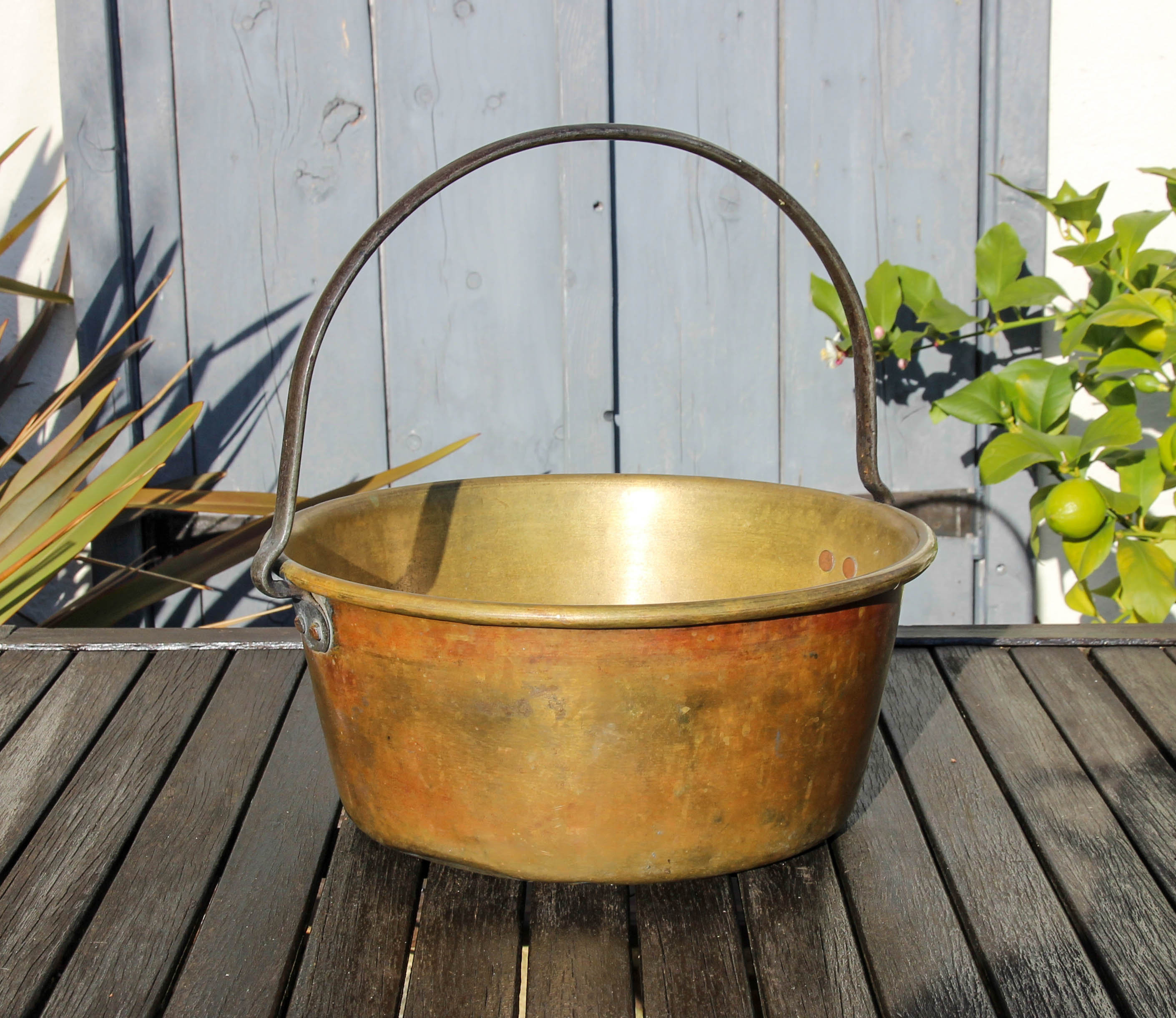 Pot de Seau en Laiton Vintage Français Sourcé avec Poignée Fer Forgé/Jardinière Rustique Pour La Mai