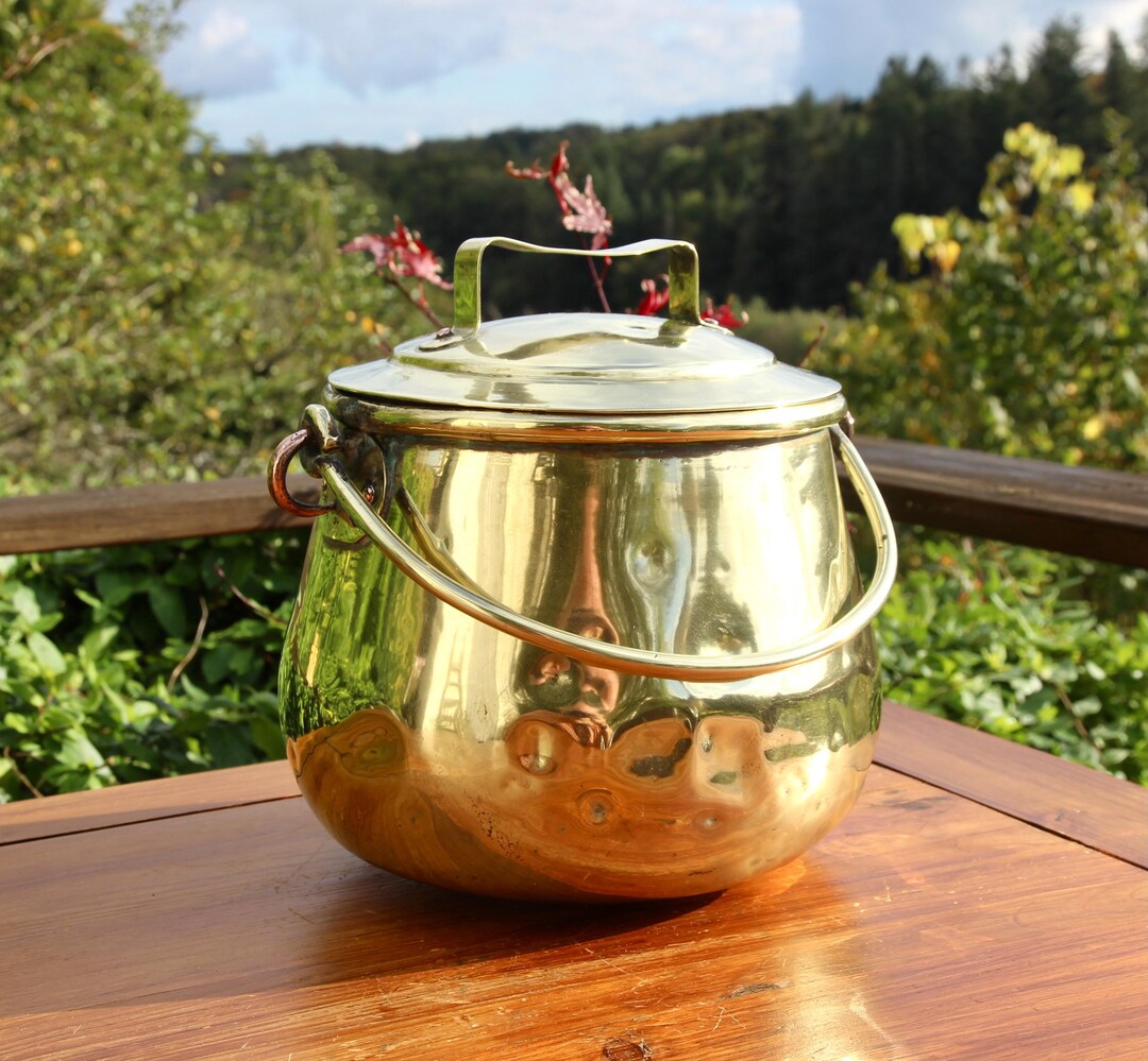 Vintage French Brass Cauldron Cooking Pot With Handle and Lid / Hanging ...