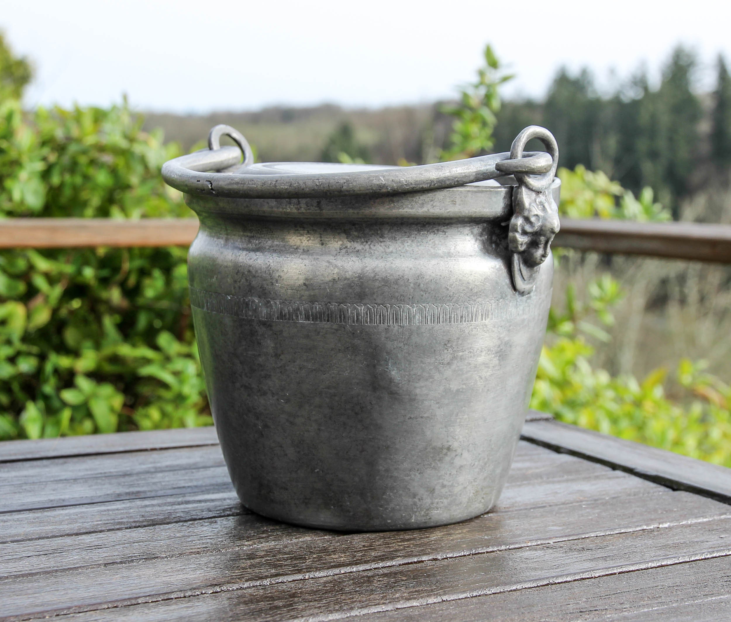 Chaudron de Cuisson Suspendu en Étain Antique Français avec Couvercle/Jardinière Des Années 1900