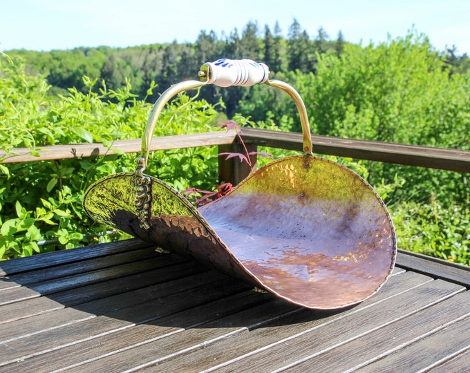 Vintage French Hammered Copper Log Holder With Brass Detail and Ceramic