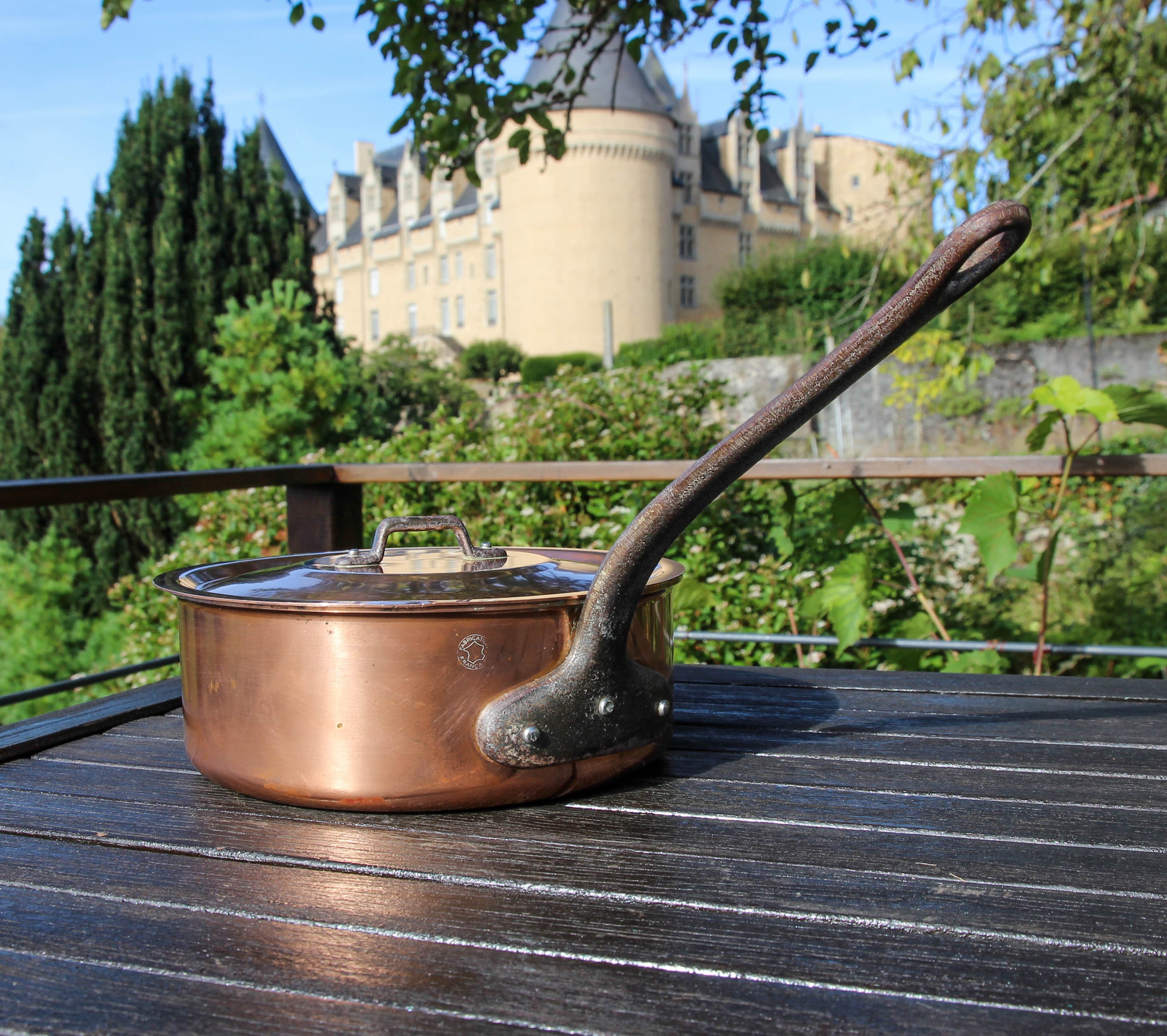 Poêle en Cuivre Vintage Français de 20 cm avec Couvercle et Poignée Fer Forgé, Doublure Étain Rivets