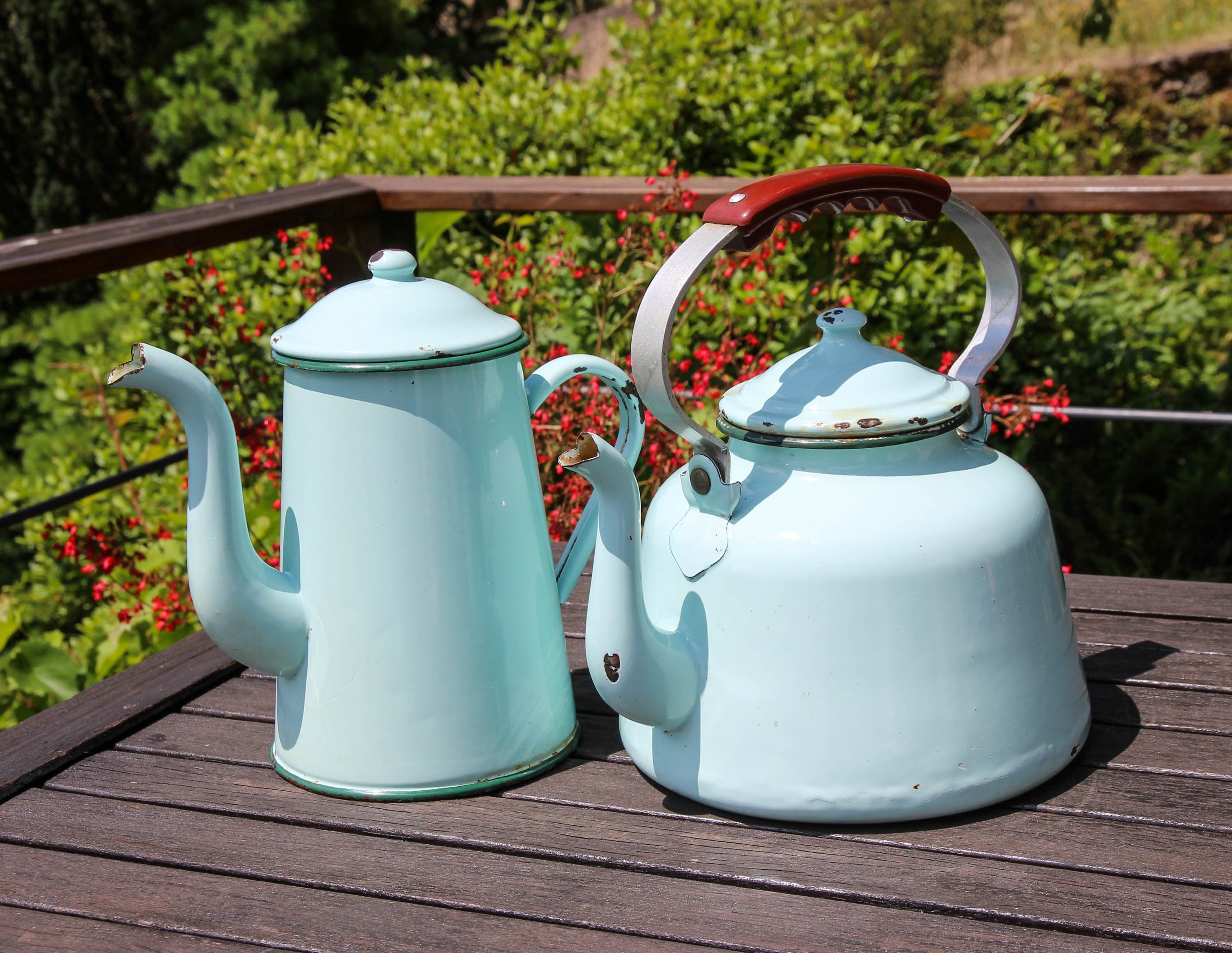 Ensemble de 2 Pots/Bouilloire en Émail Bleu d'œuf Canard Vintage Français Oeuf et Cafetière Ustensil