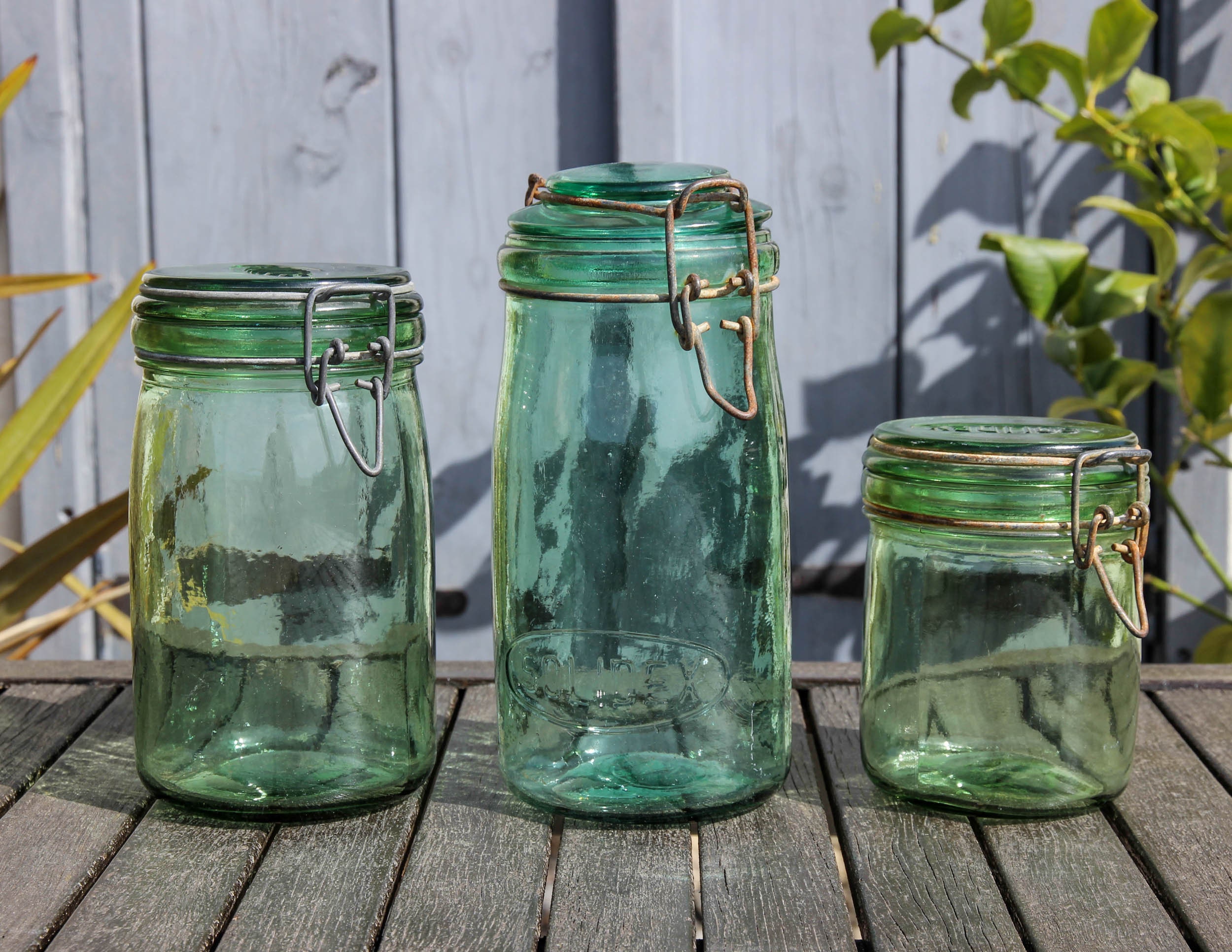 Lot de 3 Bocaux Conservation en Verre Vert Vintage Français/Pots Stockage Conserve Solidex Des Année