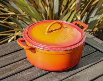 Ancienne cocotte CHAPPEE en fonte émaillée de 1,5 litre orange brûlée lourde, marmite cocotte des années 1920 et 1930 avec couvercle