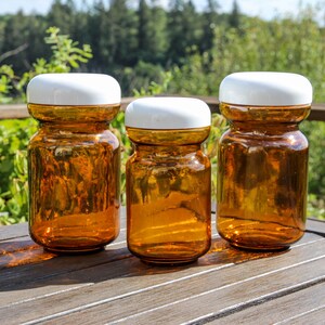 Set of 3 vintage French smoked glass storage jar containers with white lids / 1970s French kitchenalia