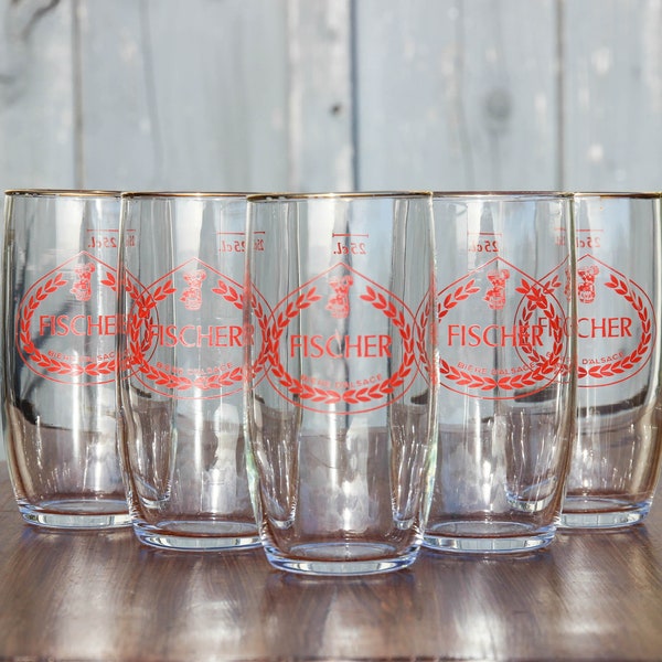 Lot de 5 verres à bière vintage FISCHER biere d'Alsace 25 cl