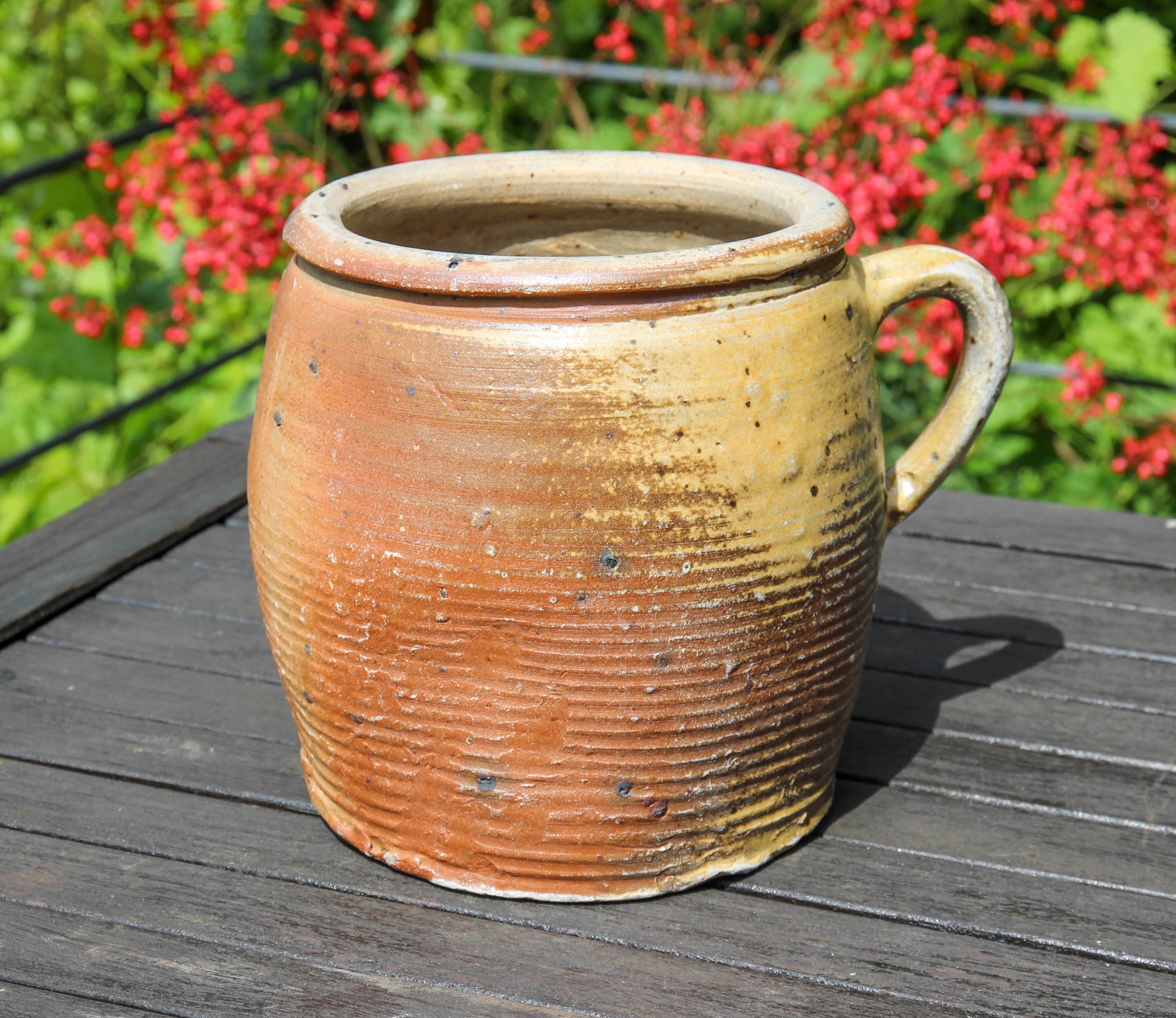 Ancien Français Grand Pot Confit en Grès avec Poignée/Mijoteuse Rustique Vintage Jardinière Poterie 