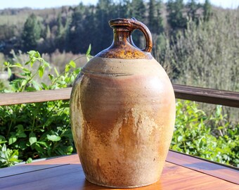 Antigua jarra de aceite de gres francés / agua arrojada a mano de principios de 1900, botella de vino / cerámica rústica vintage de la granja