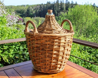 Vintage French 15 litre wicker wrapped green glass Demijohn / large antique French Dame Jeanne / rustic farmhouse home decor