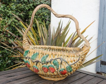 Vintage French hand made decorated wicker harvest gathering basket with grapevine handle / 1950s rustic wooden French market basket